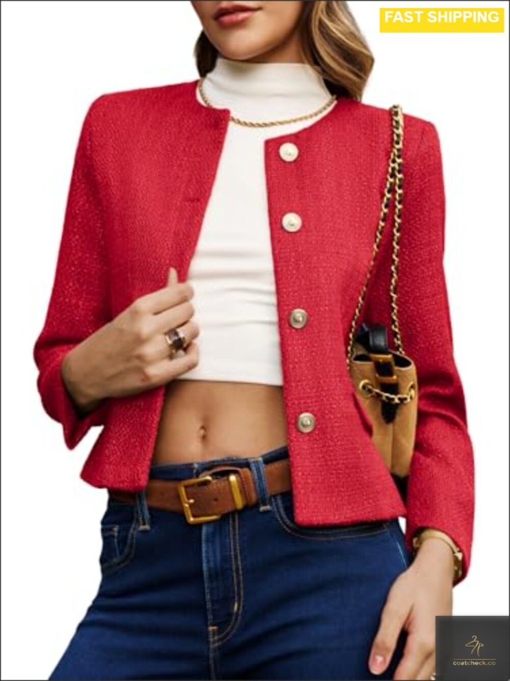 Tweed Cropped Blazer Collarless Button Down Jacket Business Casual